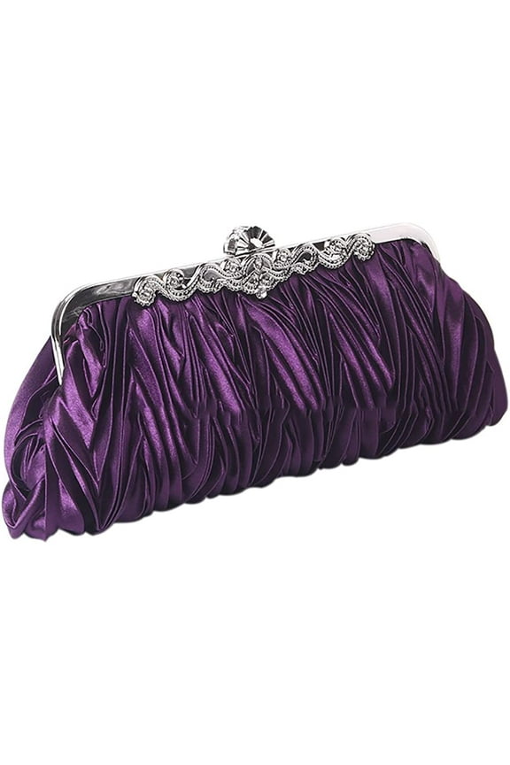 Women's Satin Clutch Purse Pleated Crystal Evening Handbag Shoulder Bag