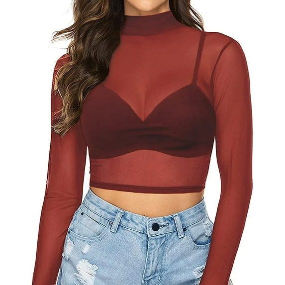 YOUI-GIFTS Women's Short Sleeve Long Sleeve Sheer Mesh Crop Tops Tee Shirt Blouse