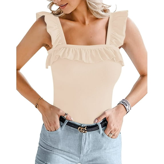 YOUI-GIFTS Womens Square Neck Ruffle Strap Ribbed Sleeveless Tank Tops Long Sleeve Bodysuits