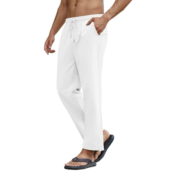 YOUJIOU Men's Cotton Linen Loose Pants Casual Drawstring Elastic Waist Beach Trousers, L