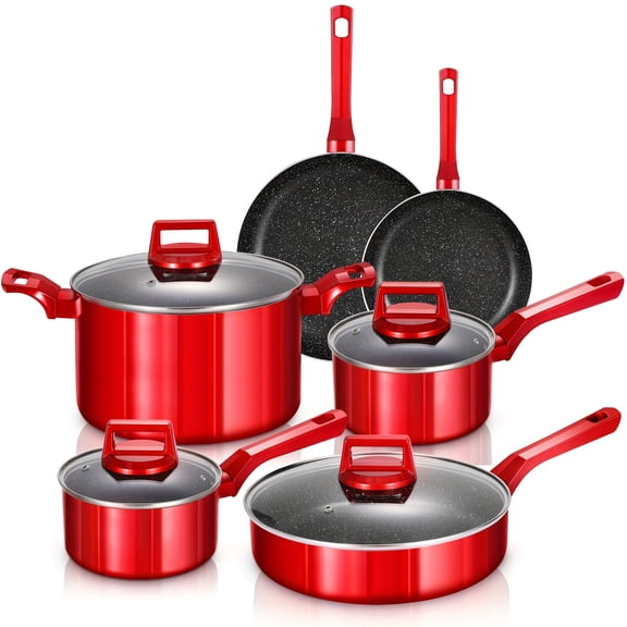 YOUKADA | 10-Piece Aluminum Nonstick Cookware Sets, Nonstick Pots And Pans Sets With Lids, Induction, Oven, Gas, Stovetops Compatible For Family Meals