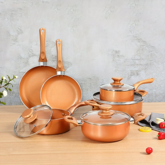 YOUKADA | 10pcs Nonstick Cookware Set, Aluminum Ceramic Pots And Pans with Lids, Suitable for Induction, Oven, Gas, And Stovetops for Family Cooking - Copper