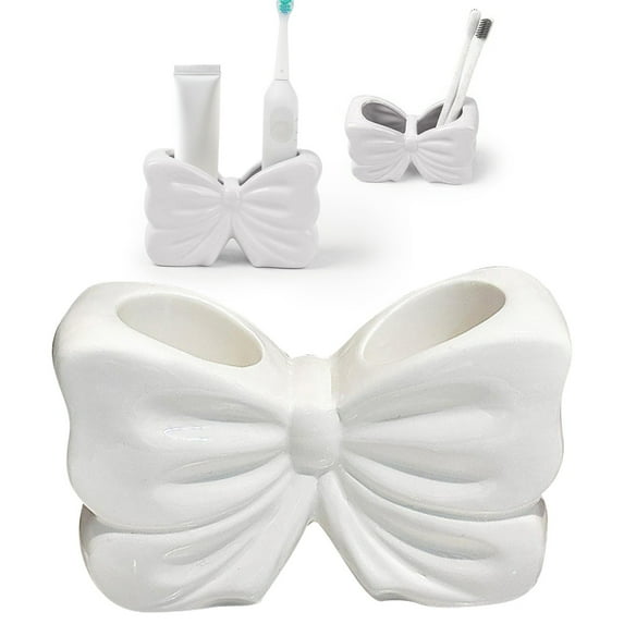 YOUMAI Ceramic Toothbrush Holder With Bow Design Elegant Bathroom Organizer For Toothbrushes & Toothpaste Glossy Vanity Storage (5.3*2.2*3.5 Inches)(White)