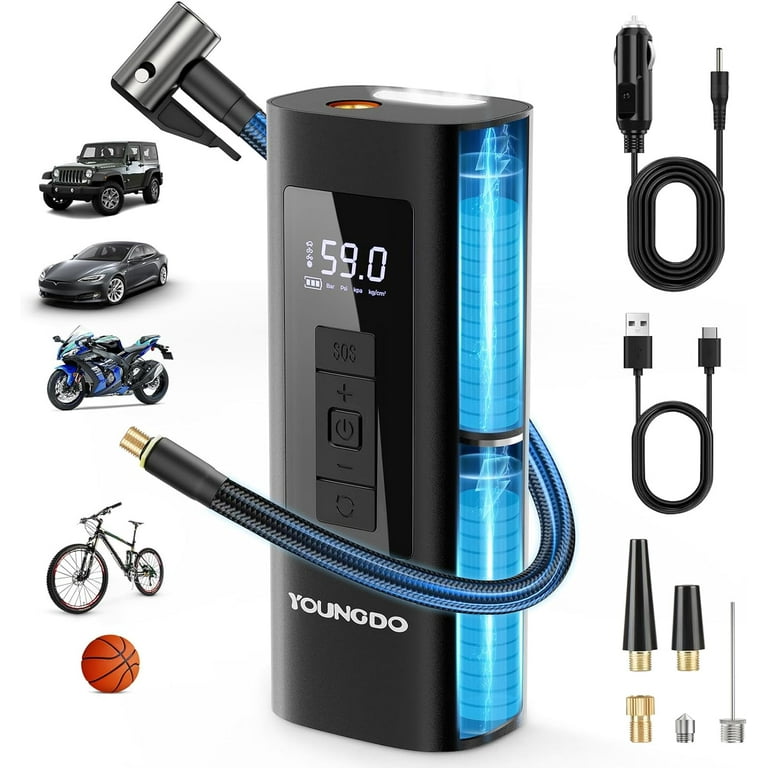 YOUNGDO Tire Inflator Portable Air Compressor 150 PSI 6000mAh Air Pump Tire Inflator with Pressure Gauge Quick Inflation for