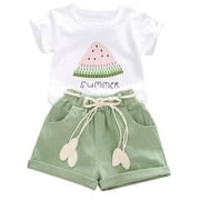 YOUNGER TREE Baby Girl Summer Clothes Toddler Girl Watermelon T-Shirt Linen Shorts with Belt Outfits Little Girl Clothes 2pcs Set
