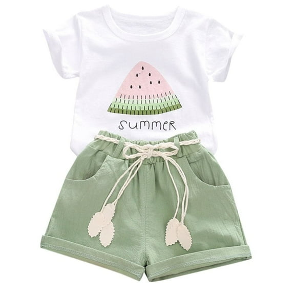 YOUNGER TREE Baby Girl Summer Clothes Toddler Girl Watermelon T-Shirt Linen Shorts with Belt Outfits Little Girl Clothes 2pcs Set