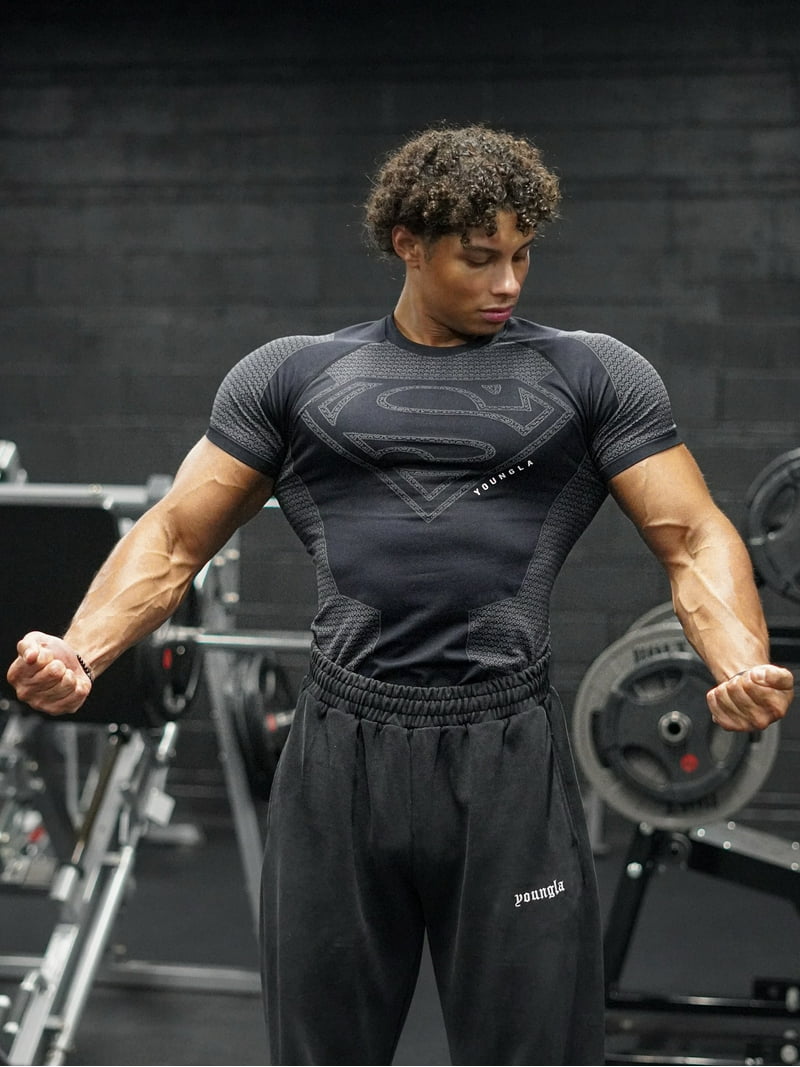 YOUNGLA Men's Compression Shirt Short Sleeve Elastic T-Shirt Gym - Main Image