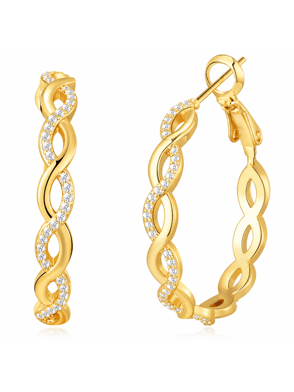14K Gold Plated Hoop Earrings for Women Twisted Cubic Zirconia Braided Hoops, 20/30/40mm