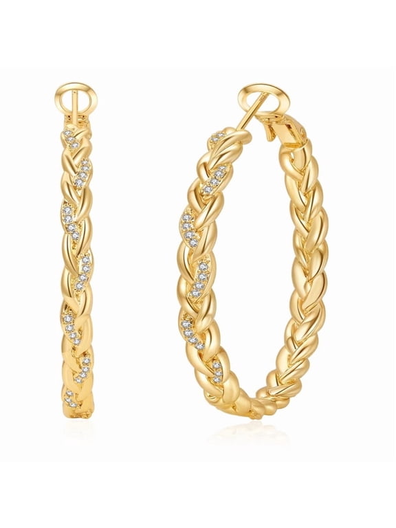 14K Gold Plated Hoop Earrings for Women, Twisted Rope CZ Chunky Braided Hoops Giftss