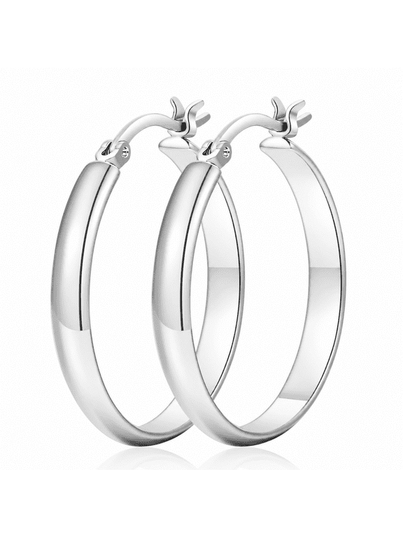 Silver Plated Hoop Earrings for Women, Classic Polished Wide Tube Hoops, 30/40/50/60/70mm