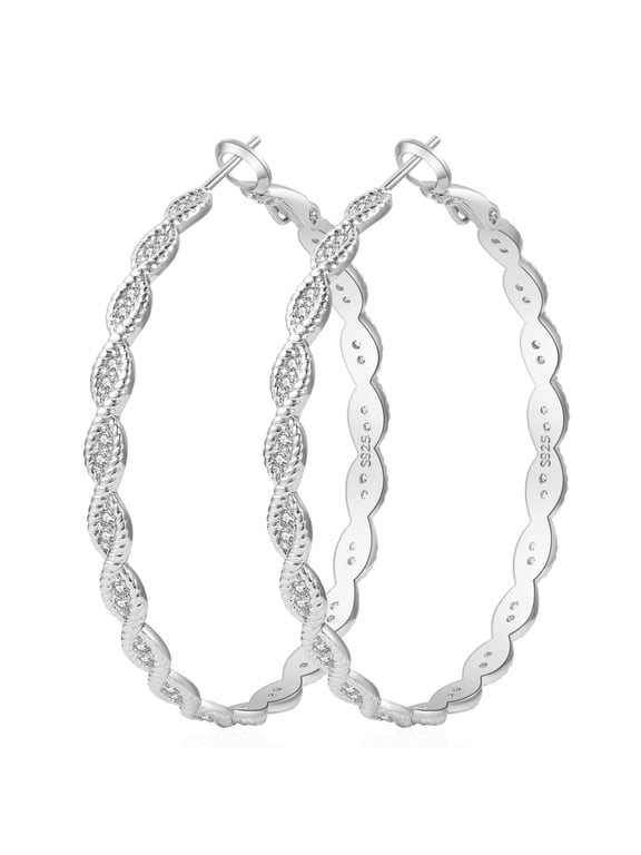 Twisted Silver Hoop Earrings for Women, Hypoallergenic Large Twisted Hoops, Cubic Zirconia, 50MM