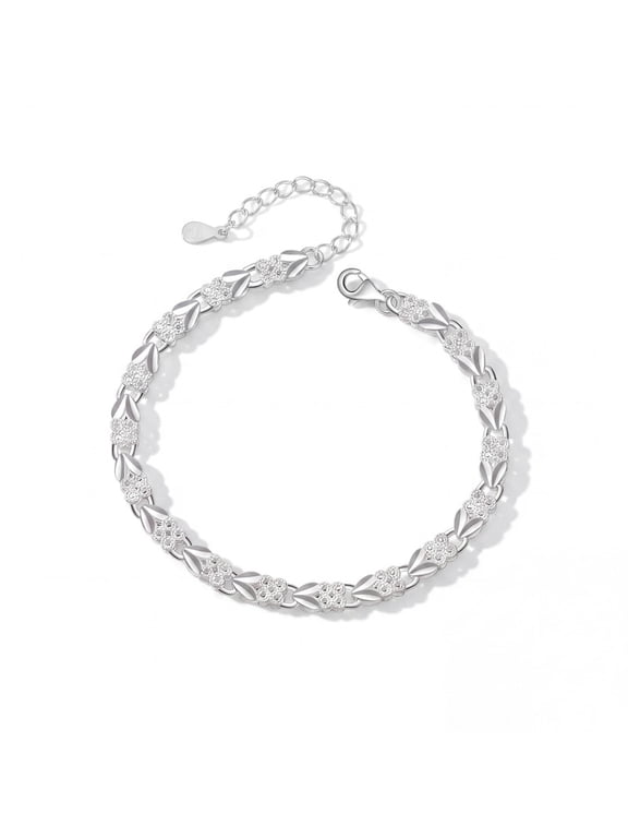 Silver plated Bracelet for women, Leaf & Flower Inlaid Design Adjustable Link Bracelet, Hypoallergenic Fashion Jewelry for Birthday Anniversary Gift