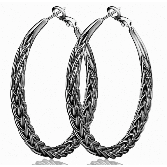 YOUNGYUE Black Hoop Earrings for Women, Gunmetal Braided Woven Large Oval Hoops, 30/40/50mm