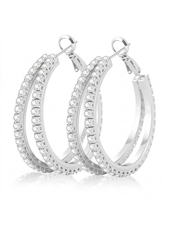 Silver Plated Cubic Zirconia Hoop Earrings for Women, Double Row Inside Out,25/30/40mm