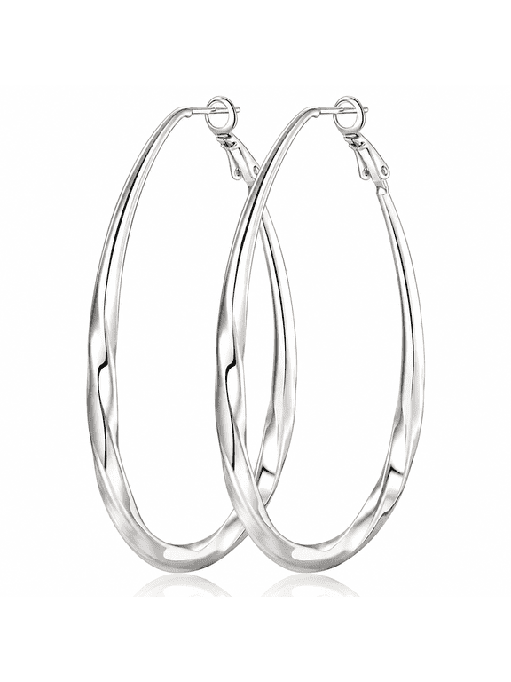 Twisted Oval Hoop Earrings for Women, Silver Plated Large Big Hoops 36mm 54mm 65mm