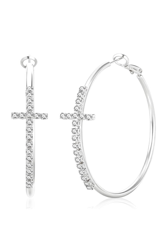 Sterling Silver Cross Hoop Earrings for Women, Hypoallergenic Rhinestone Lightweight Earrings, Jewelry Gifts