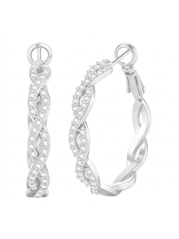 Silver Plated Hoop Earring for Women, Hypoallergenic Large Rhinestone Twisted Hoops, Jewelry Gifts