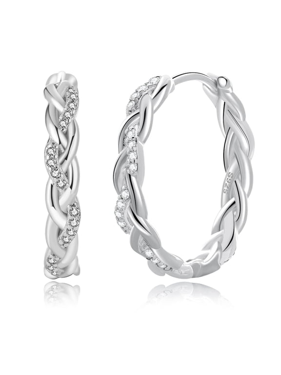 Sterling Silver Hoop Earrings for Women, Hypoallergenic Small CZ Twisted Lightweight Earrings, 15mm