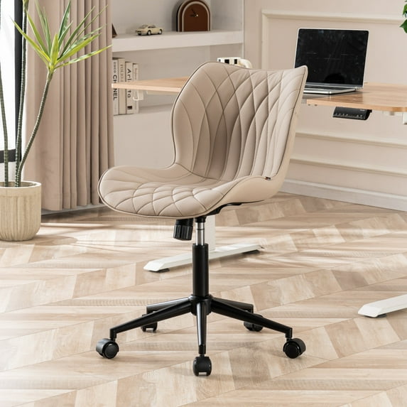 YOUNIKE Armless Office Chair, Faux Leather Desk Chair with Wheels, Upholstered Task Chair, High Back Swivel Rolling Chair, Height Adjustable, Khaki