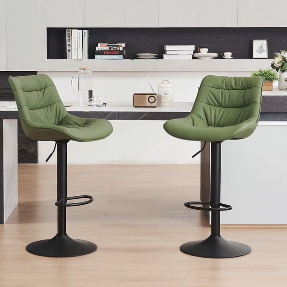YOUNIKE Bar Stool, Set of 2, Modern Comfortable PU Leather Chair, Faux Leather High Upholstered Bar Stool, 32.3 Inches Tall, Armless with Backrest, Metal Legs, Bean Green