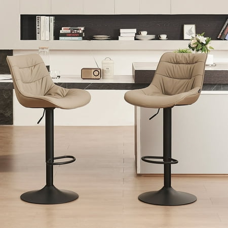 YOUNIKE Bar Stool, Set of 2, Modern Comfortable PU Leather Chair, Faux Leather High Upholstered Bar Stool, 32.3 Inches Tall, Armless with Backrest, Metal Legs, Khaki
