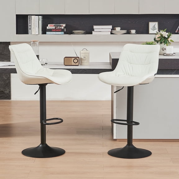 YOUNIKE Bar Stool, Set of 2, Modern Comfortable PU Leather Chair, Faux Leather High Upholstered Bar Stool, 32.3 Inches Tall, Armless with Backrest, Metal Legs, White