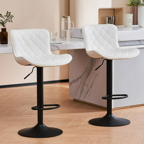 YOUNIKE Bar Stools Set of 2 Adjustable PU Leather Counter Stools with Diamond Lattice Texture Backrest, White