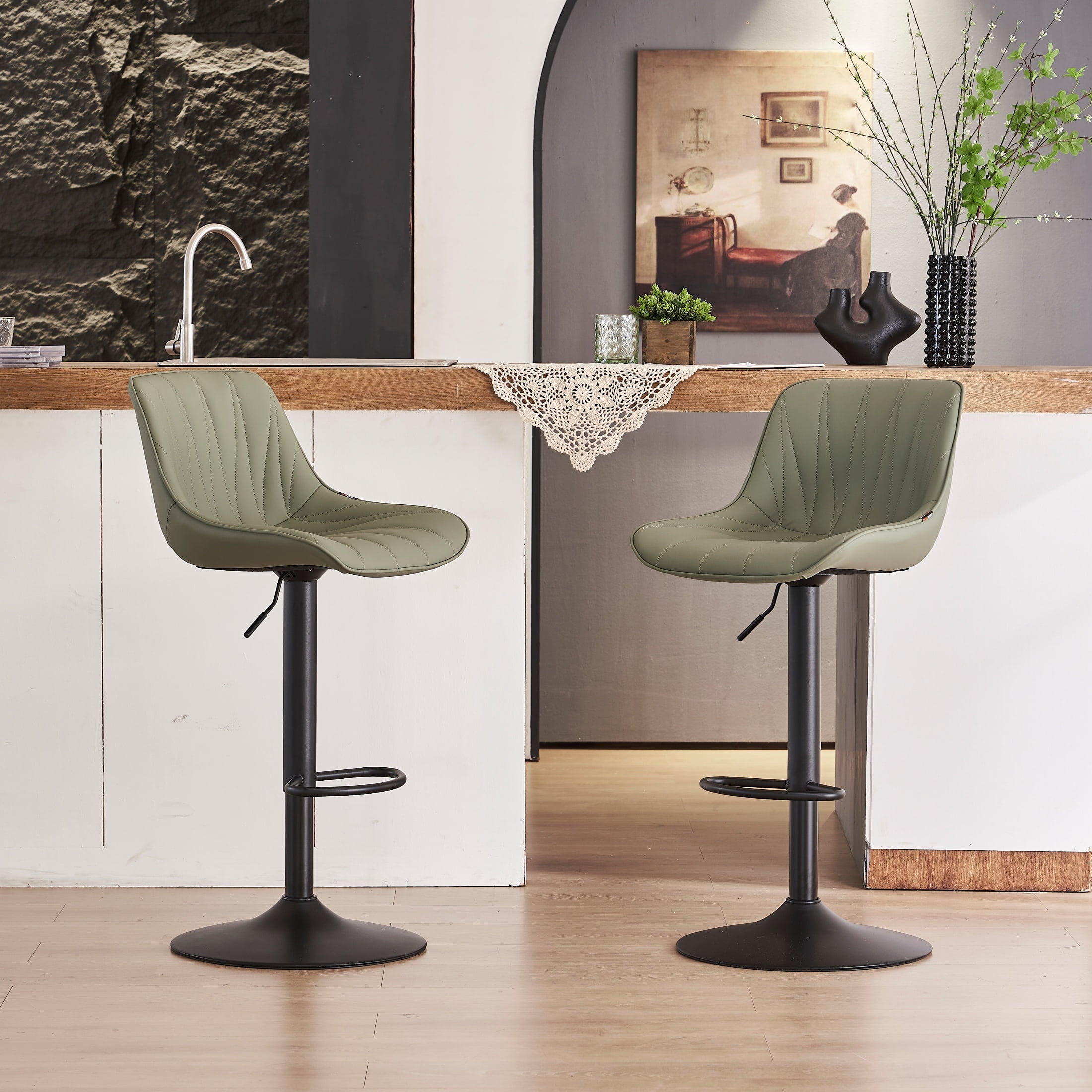Olive Green Adjustable Swivel Faux Leather Bar Stools Set