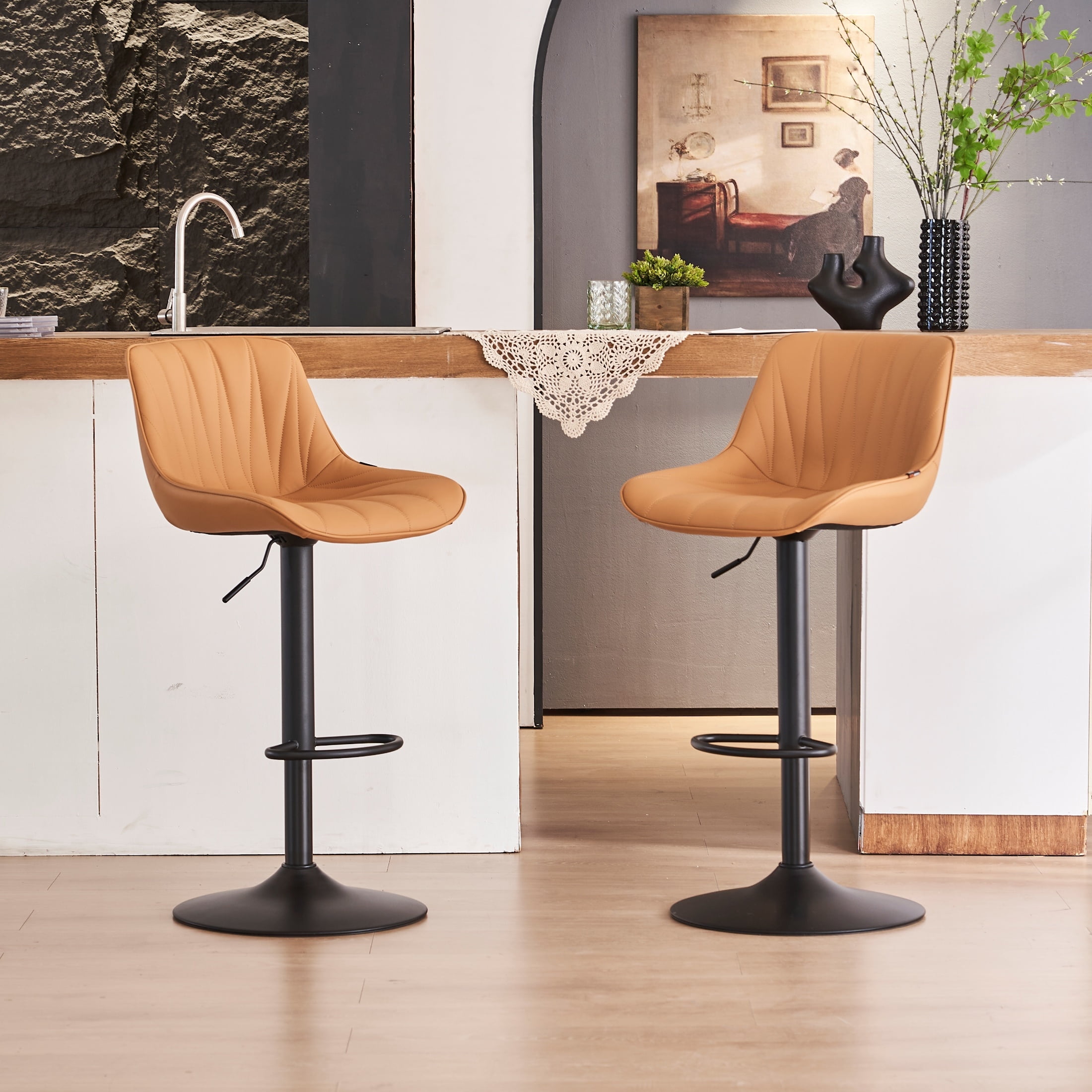 Tan Faux Leather Adjustable Swivel Bar Stools with Metal Frame