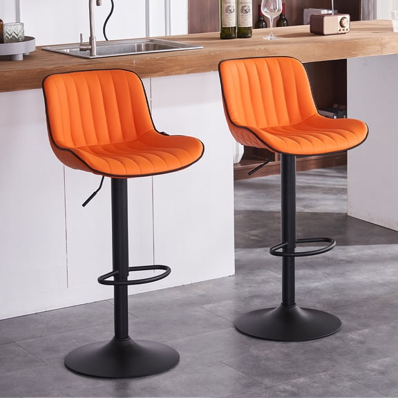 YOUNIKE Bar Stools Set of 2 PU Leather Soft Cushion Adjustable Swivel Counter Bar Stools, Orange