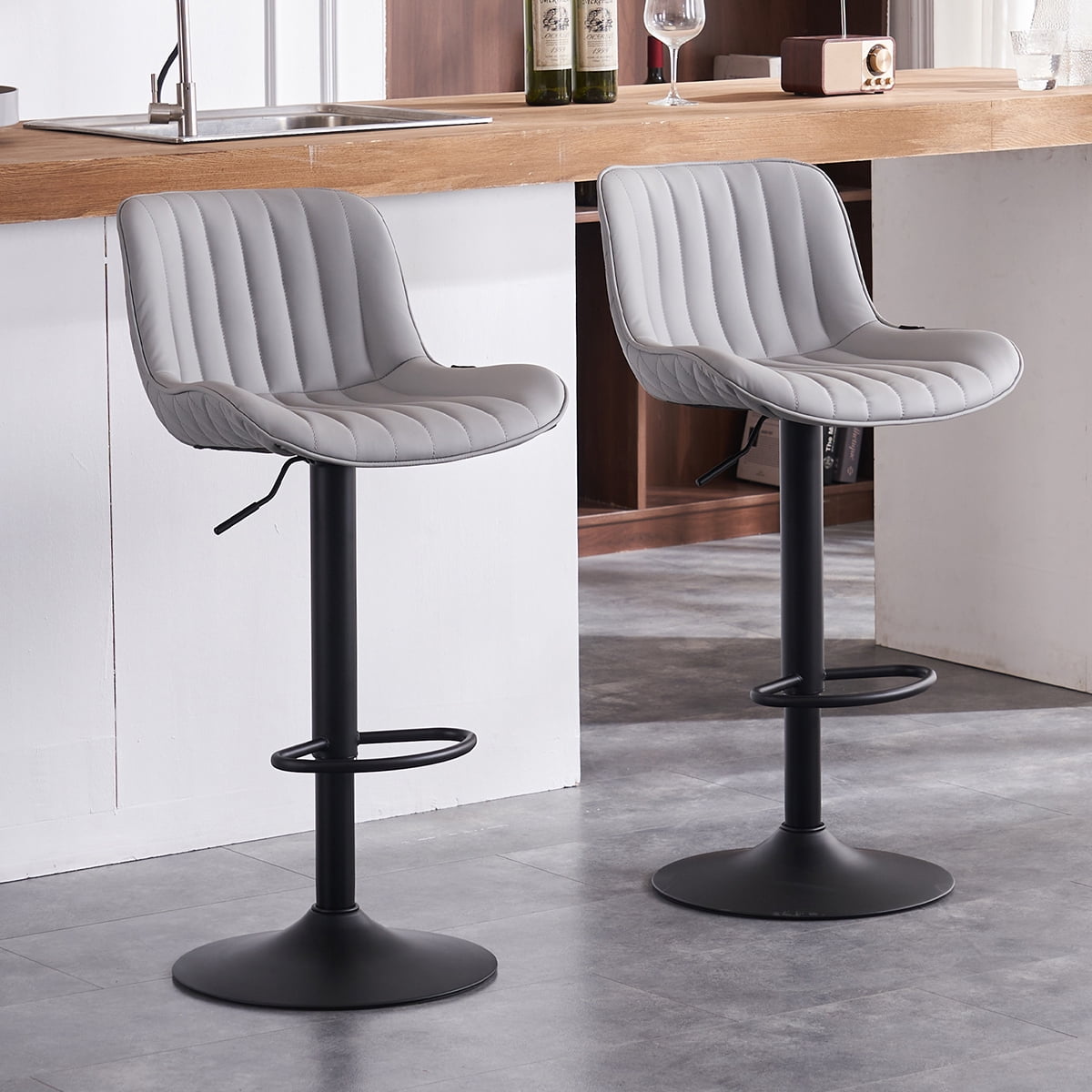 YOUNIKE Bar Stools Set of 2 PU Leather Soft Cushion Adjustable Swivel