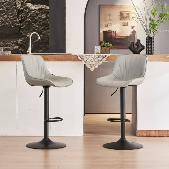 YOUNIKE Bar Stools Set of 2, Swivel Upholstered Barstools, Adjustable Height Counter Stools, Faux Leather Padded Bar Chairs, Metal Frame, Gray