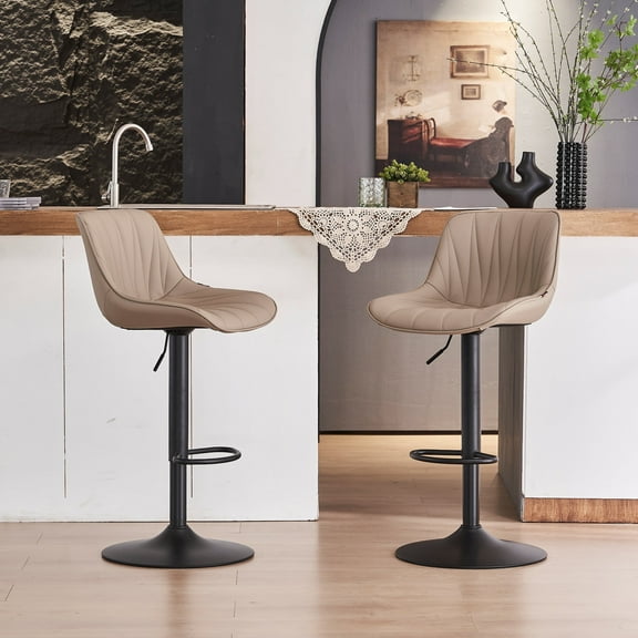 YOUNIKE Bar Stools Set of 2, Swivel Upholstered Barstools, Adjustable Height Counter Stools, Faux Leather Padded Bar Chairs, Metal Frame, Khaki