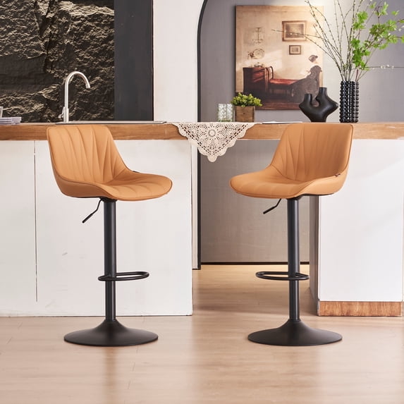YOUNIKE Bar Stools Set of 2, Swivel Upholstered Barstools, Adjustable Height Counter Stools, Faux Leather Padded Bar Chairs, Metal Frame, Tan