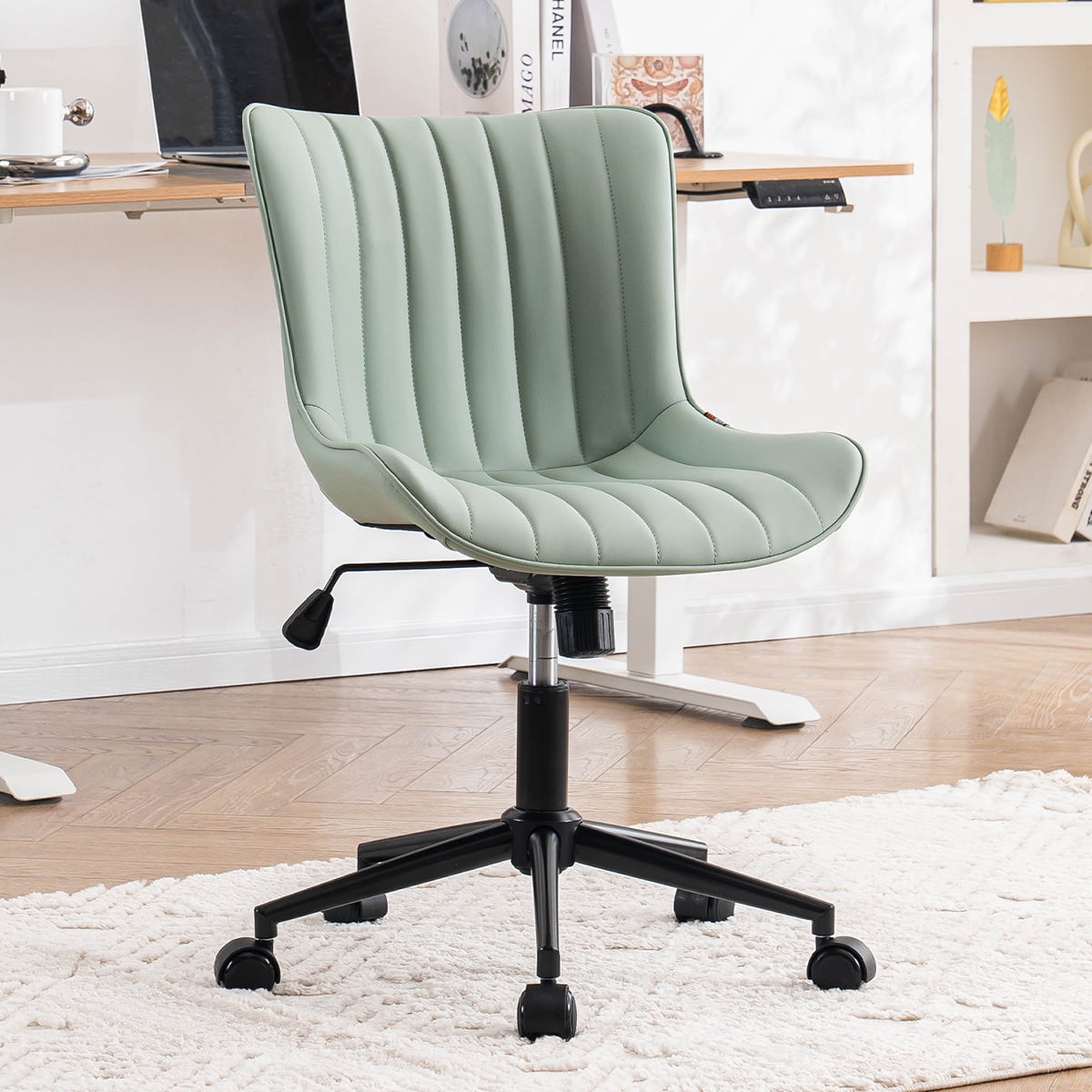 YOUNIKE Cute Armless Office Desk Chair Modern Upholstered Faux