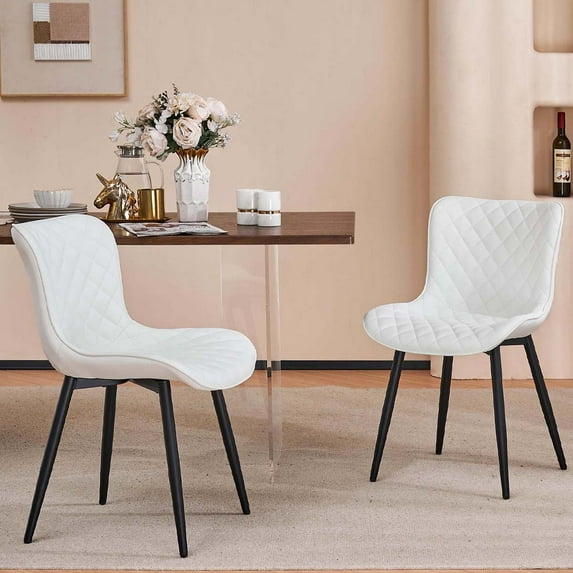 YOUNIKE Dining Chair Set of 2 PU Leather Diamond Grid Upholstered Modern Dining Room Side Chair , White