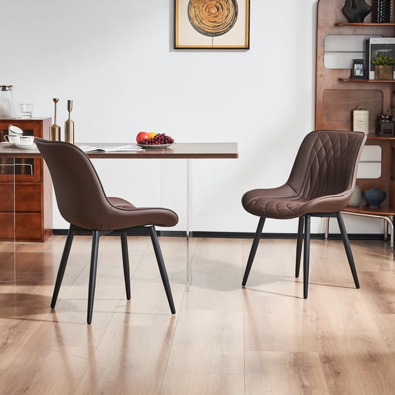 YOUNIKE Dining Chairs Set of 2, Upholstered Dining Room Chairs with Metal Legs, Faux Leather Kitchen Chairs, Armless Side Chairs, Large Padded, Metal Legs, Brown