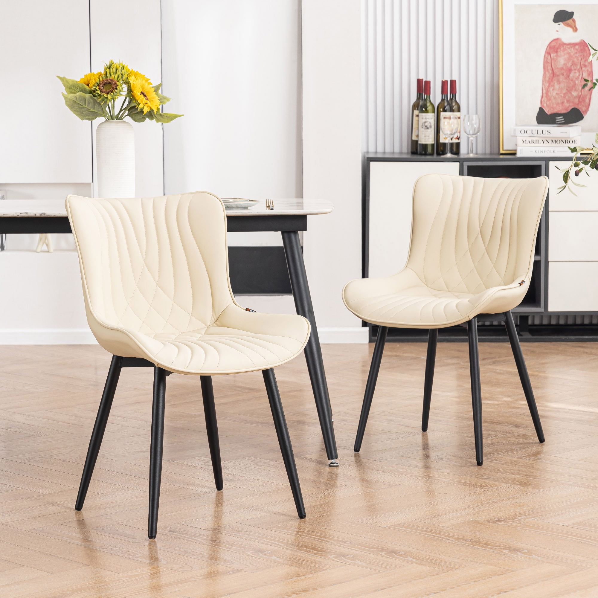 YOUNIKE Dining Chairs with Metal Legs Wing Backrest Set of 2 Upholstered Dinner Side Chair, Beige
