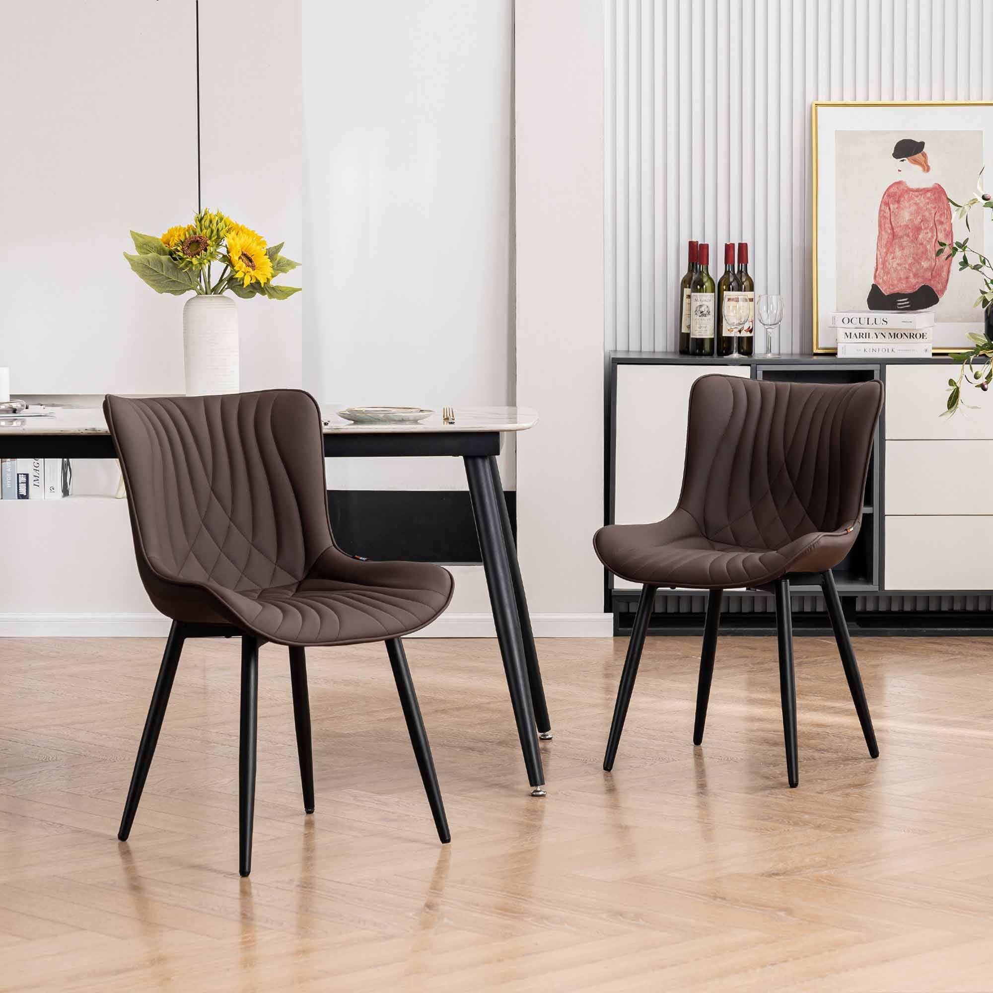 YOUNIKE Dining Chairs with Metal Legs Wing Backrest Set of 2 Upholstered Dinner Side Chair, Brown
