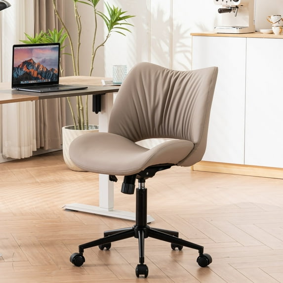 YOUNIKE Ergonomic Office Chair, Armless Home Chair, Swivel Desk Chair, Curved Back Vanity Chair with Leather Padded Seat, Height Adjustable, Khaki