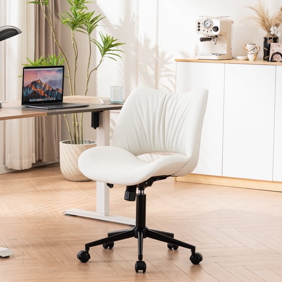 YOUNIKE Ergonomic Office Chair, Armless Home Chair, Swivel Desk Chair, Curved Back Vanity Chair with Leather Padded Seat, Height Adjustable, White