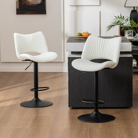 YOUNIKE Faux Leather Upholstered Bar stools Set of 2, Adjustable Swivel Bar Chair, Counter Height Chairs with Back and Footrest, White
