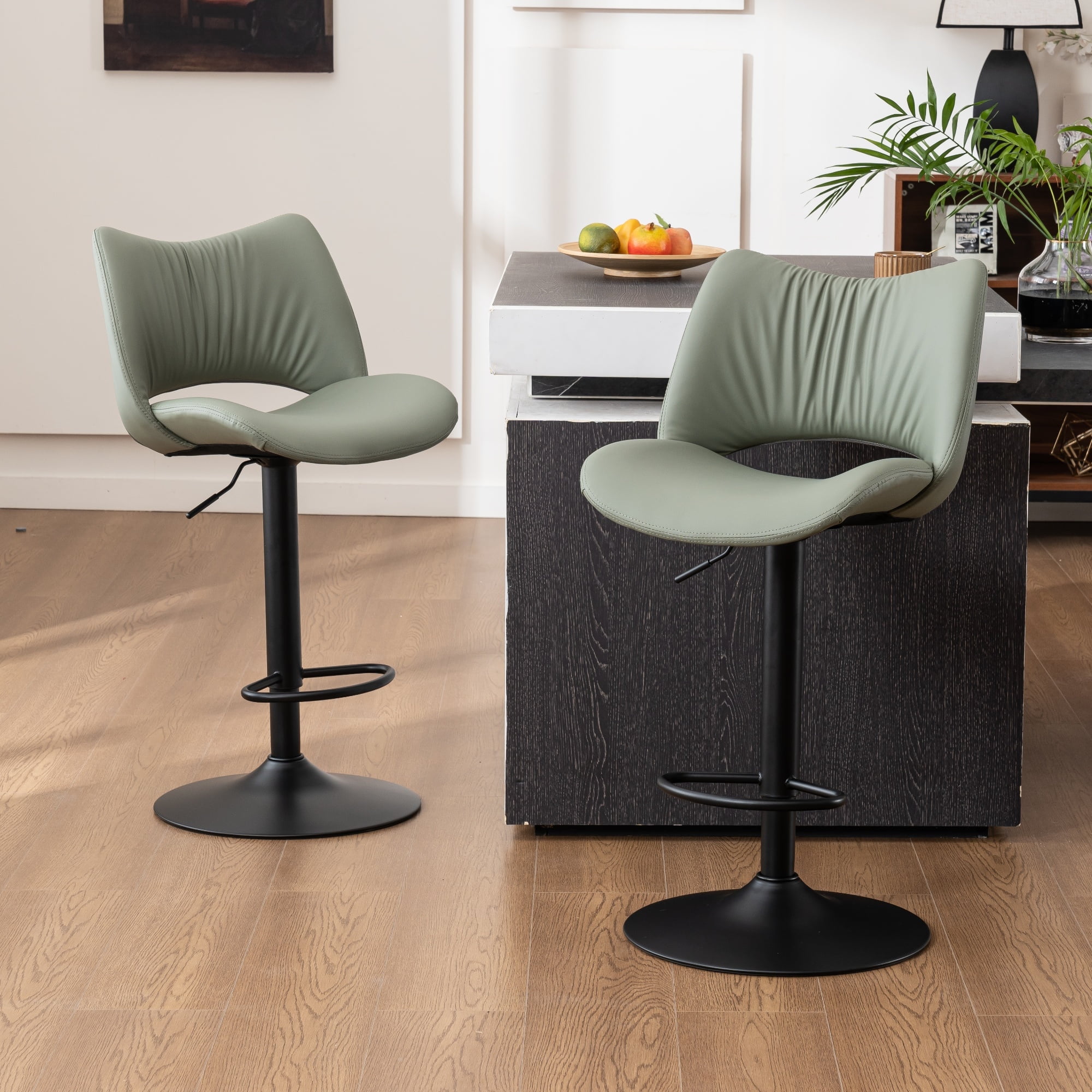 Olive Green Adjustable Swivel Faux Leather Bar Stools Set