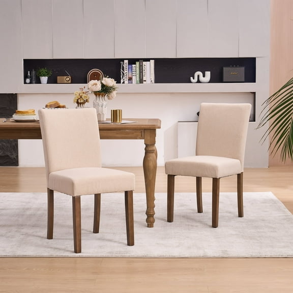 YOUNIKE Mid-Century Modern Dining Chairs Set of 2, 18.9"H Linen Upholstered Kitchen Side Chairs with Solid Wood Legs, Armless Parsons Chairs, Beige