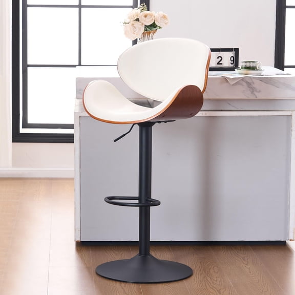 YOUNIKE Modern 24”H Swivel Barstool, Adjustable Height Counter Stool with Bentwood, Faux Leather Upholstered Bar Stool with Metal Frame, White