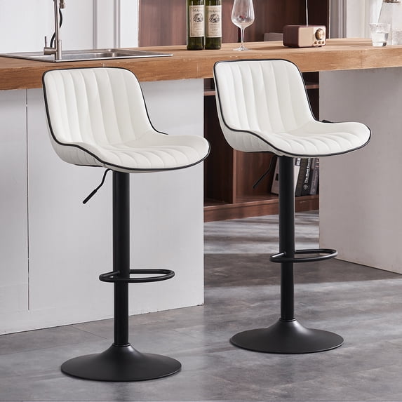 YOUNIKE Modern Bar Stools Set of 2 PU Leather Soft Cushion Adjustable Swivel Counter Stools Pub Chairs, White