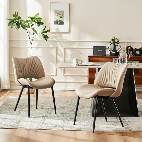 YOUNIKE Set of 2 Modern Genuine Leather Dining Chairs, Stylish Kitchen Seating with Curved Backrest, Ergonomic Padded Seat, Khaki