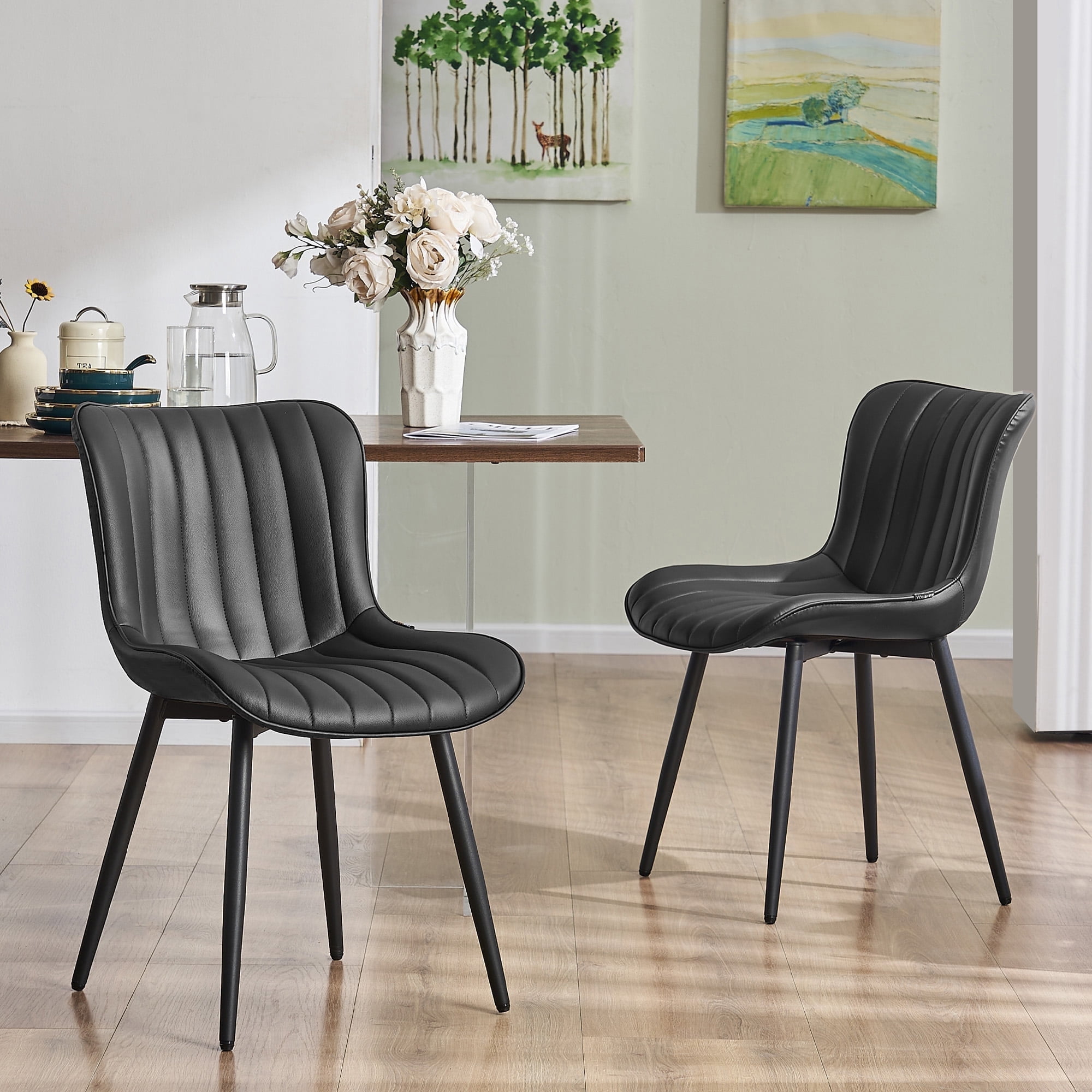 Black Faux Leather Upholstered Side Chair with Metal Legs
