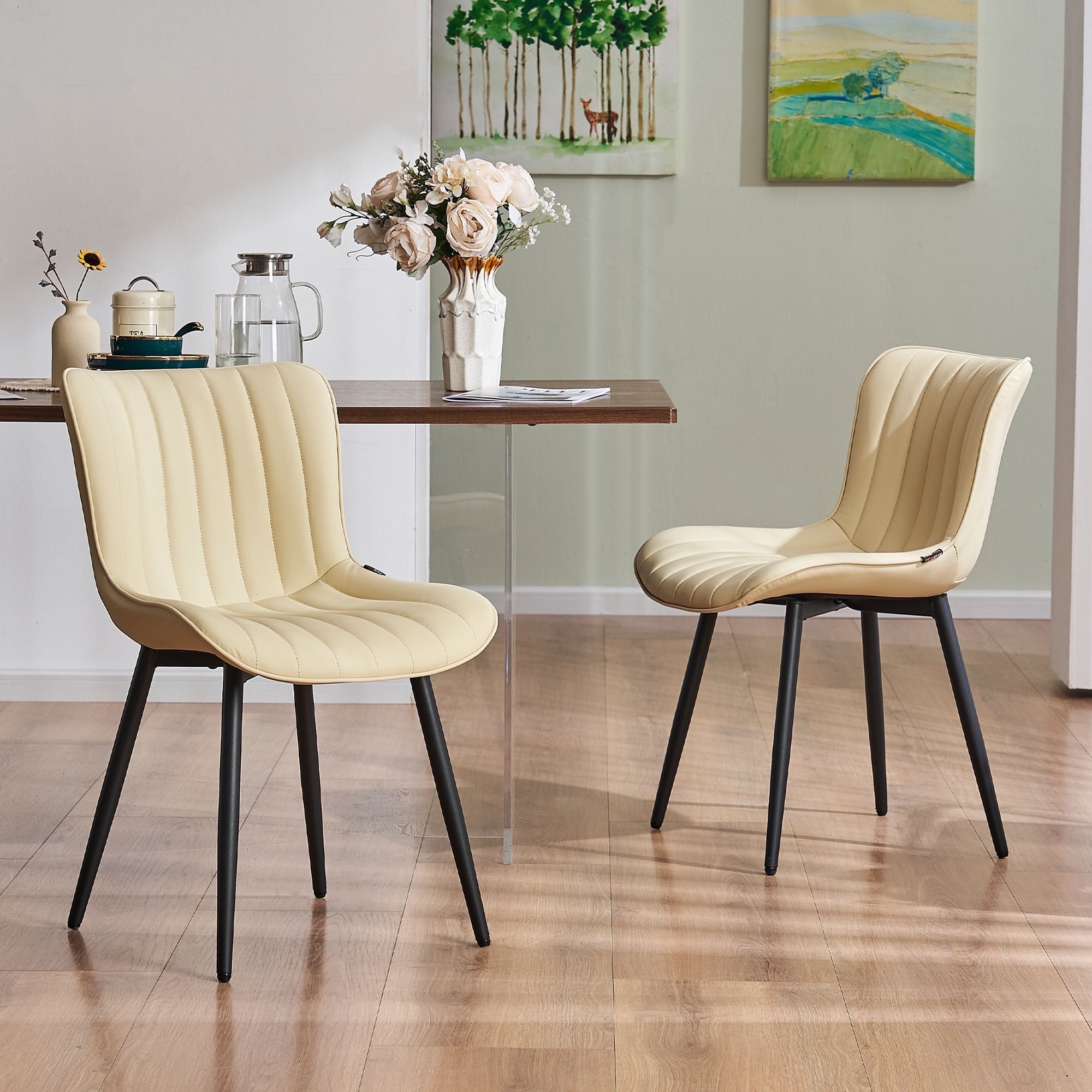 YOUNIKE Soft Dining Chair Set of 2 Faux Leather Upholstered Wide Back Kitchen Chair, Beige