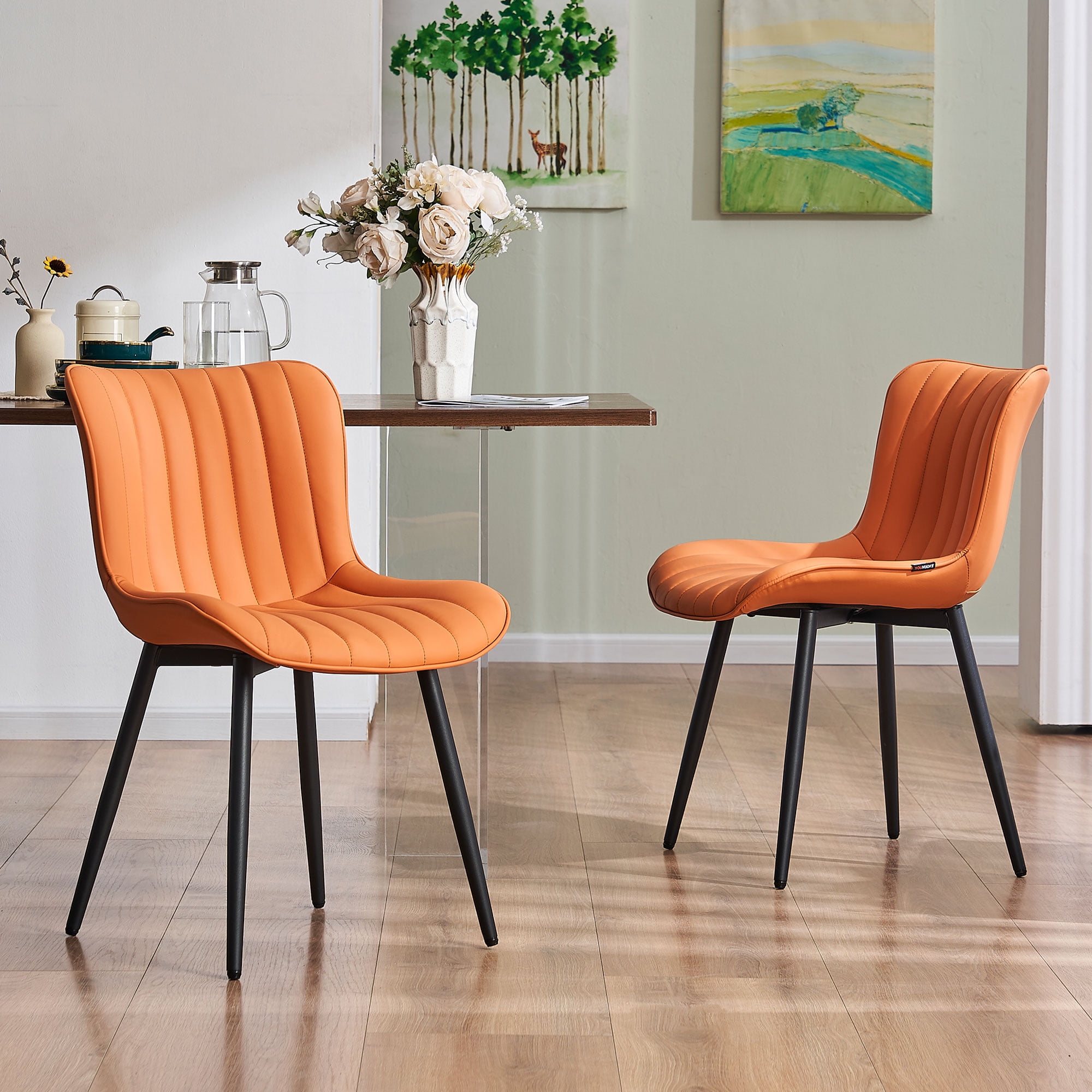 YOUNIKE Soft Dining Chair Set of 2 Fuax Leather Upholstered Wide Back Kitchen Chair, Camel